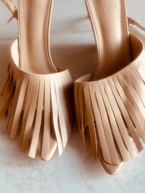 Fringed Slide Heels in Creamy Beige